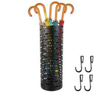 Paragüero de metal redondo de estilo moderno con escultura, soporte para paraguas de diseño a pie, soporte para paraguas con ganchos para entrada en casa, oficina, hotel, 15 × 15 × 42 cm(negro +