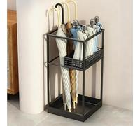 Paragüero para Entrada y Pasillo, Soporte de Paraguas de Metal con Bandeja de Goteo y Ganchos, Organizador Compacto para Paraguas Largos y Plegables, Negro Mate para Oficina y Hogar,Black