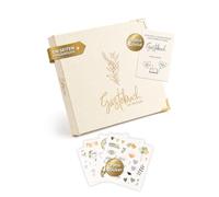 PARBOOLY Libro de visitas de boda con preguntas para rellenar y páginas en blanco - Libro de visitas de boda de lino beige con mantas de oro para 70 entradas de invitados