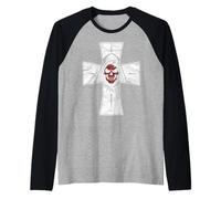 Parca Con Fondo Cruz Roja Cara Desgastada Grunge Camiseta Manga Raglan