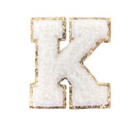 Parche adhesivo con inicial de chenilla con letras con purpurina universitaria blanca, 2,25 pulgadas de altura (K)