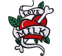 Parche bordado con diseño de corazón con texto en inglés "Love Milk Heart Tattoo
