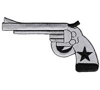 Parche bordado con diseño de revólver gris, termoadhesivo para ropa, para planchar o planchar, pistola, estrella, tamaño 11,0 x 6,7 cm