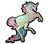 Parche bordado con diseño de unicornio y lentejuelas, termoadhesivo, grande. Unicornio grande, de 28 x 16 cm
