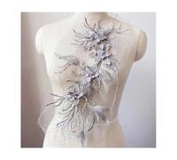 Parche bordado de flores y perlas - 46 x 21 cm - Aplicación for coser en sombreros, ropa, manualidades y decoración de bodas - 1 unidad(Silvery)