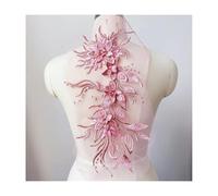Parche bordado de perlas y flores (46 x 21 cm), ideal for coser sombreros, ropa, manualidades y decoración de bodas.(Pink)