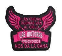 Parche Bordado Motero en Lona Termoadhesivo Diseño con Alas "Las Moteras Vamos Donde Nos Da la Gana" perfecto para Chalecos y Chaquetas (Rosa, 15 cm ancho)