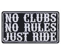 Parche bordado para coser o planchar: "No clubs, no rules - Just Ride" | Parche motero anudable/aplicable con plancha | Sticker MC motociclistas | DIY (Blanco-Negro, no club)