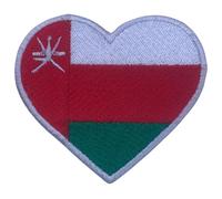 Parche con la bandera de corazón de todos los países (6,5 x 7 cm) - Insignia bordada para planchar o coser, emblema nacional para chaquetas, mochilas, sombreros, chalecos, bolsos y manualidades (Omán)
