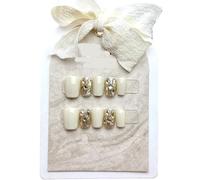 Parche de uñas hecho a mano con champán blanco leche brillante cuadrado corto y circular desmontable parche de uñas postizas 10 piezas (tamaño: S)