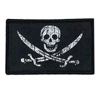 Parche Pirata, Bandera Pirata similar a la de Piratas del Caribe para Adherir en Disfraz Pirata o como Parches Crossfit Velkro Mochila. Bandera Pirata Pequeña - Parche Calavera - 80 x50 mm (Negro)