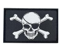 Parche Pirata, Bandera Pirata similar a la de Piratas del Caribe para Adherir en Disfraz Pirata o como Parches Crossfit Velkro Mochila. Bandera Pirata Pequeña - Parche Calavera - 80 x50 mm (Parche)