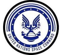 Parche Redondo United Nations Space Comand de 7,6 cm de Diámetro, Poliéster, Diseño Sublimado, Borde Bordado de hilo Negro, con tela de gancho trasera