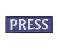 Parche Táctico PRESS 5"x2" Azul Armadura Corporal Letras Blancas Bordado Nylon