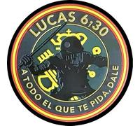 Parche tela impresa sublimado de Lucas 6;30 A todo el que te pida, dale. Guardia Civil de fondo. Redondo 7,62 cm con borde de hilo negro y tela de gancho macho trasero