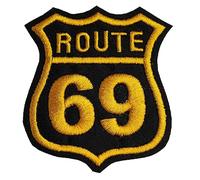Parche termoadhesivo Route 69 Bordado con Hilo Dorado en Lona Negra para pegar o coser en Chalecos Moteros, Chaquetas de Cuero y Piel Custom