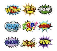 Parches Bordados de Cómic con Efecto Explosivo, 9 Unidades Parches Termoadhesivos con Frases WHAM COOL POW ZAP BANG WOW, Apliques Decorativos para Ropa, Chaquetas, Vaqueros, Mochilas, Manualidades DIY