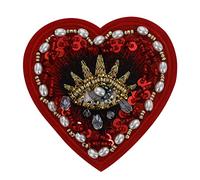 Parches de corazón Milagro con cuentas de corazón sagrado en llamas, apliques de arte popular mexicano, decoración de ropa, insignias para coser en parches hechos a mano, 2 piezas (C)