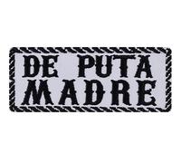 Parches ropa "DE PUTA MADRE" Iron-on Biker España Divertido Iron-on Cuadros | Regalo Motociclista Aplicación para Chaqueta de Cuero/Vestido/Bolso/Jeans Chaleco | Blanco 100x40mm