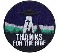 Parches ropa OVNI Alien Iron-on Patch Biker "Thanks for the ride" divertido dibujo para planchar |Conspiración Ciencia Ficción Aplicación para Chaquetas/Cuero/Jeans/Bolsos | 75x75mm
