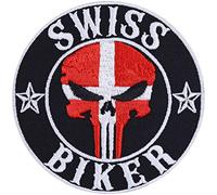 Parches ropa "Swiss Biker" / Patch Peligro/Bandera Suiza | Parche Jeans Regalo Motociclista Aplicación para Accesorios de Motocicleta/Barcos/Funda de Motocicleta | 90x90mm