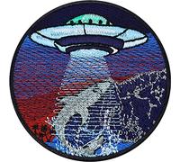 Parches ropa termoadhesivo "OVNI salva tiburón" nave espacial alienígena y tiburón en el océano | Aplique Alien Save the Sharks Ocean para coser | Teoría de la conspiración 80x80mm