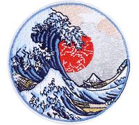 Parches ropa termoadhesivos con Tsunami y gran ola frente a Kanagawa | Pegatina de Klimaschutz para planchar | Cuadro para planchar de protección del medio ambiente | 80x80mm