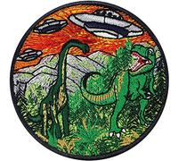Parches ropa Termoadhesivos: Dinosaurios y Alienígena en el Parque JURÁSICO y Naves Espaciales. Imagen para planchar con aplicaciones de Dinos, 80x80mm