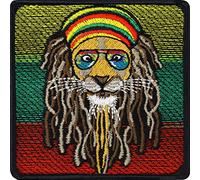 Parches ropa termoadhesivos estilo reggae rasta con león y rastas | Aplicación con bordado para planchar | bordada con la cabeza de león | rasta hippie con dreadlocks | 75x75 mm