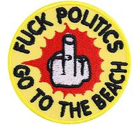 Parches ropa termoadhesivos: "Fuck politics - go to the beach" parche antipolítica para coser o planchar. Divertido regalo, aplicación para chaquetas/mochilas/bolsas. Tamaño: 60x60 mm