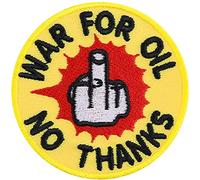 Parches ropa termoadhesivos: Parche con dedo medio y la inscripción "War for oil - No thanks" contra la guerra por el petróleo. 60x60 mm
