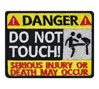 Parches ropa termoadhesivos: Parche "Danger do not Touch!" Insignia de advertencia para planchar, divertido regalo para motociclistas. Aplicación para todo, Tamaño: 80x60 mm