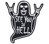 Parches ropa termoadhesivos: Parche de Rocker "See you in hell" con calavera. Aplique de metal pesado para coser o planchar en jeans y otras telas. Tamaño: 80x90 mm