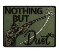 Parches ropa termoadhesivos: Parche de tirador "Nothing but dust" insignia de tiro al plato. Parche para coser o planchar en chaquetas, chalecos o sombreros. 90x70 mm