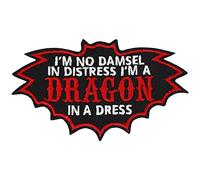 Parches ropa termoadhesivos: Parche "I'm no damsel in distress I'm a dragon in a dress" Divertido y fácil de aplicar en jeans y todo tipo de telas. Tamaño: 100x60 mm