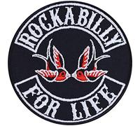 Parches ropa termoadhesivos: "ROCKABILLY for life" para motociclistas, coser/plancha. Regalo de aplicaciones para motocicletas Tamaño: 90x90 mm