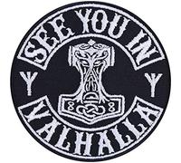 Parches ropa termoadhesivos: "See you in Valhalla" Parche vikingo con dibujo nórdico y martillo de Thor Mjölnir para planchar. Aplicación vikinga para todo tipo de telas 90x90 mm