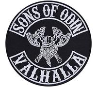 Parches ropa termoadhesivos: "Sons of Odin VALHALLA" Parche vikingo con la imagen del dios Odin y hacha vikinga. Aplicación para todo tipo de telas. 90x90 mm