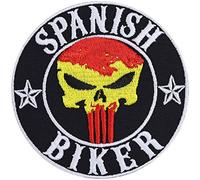 Parches ropa termoadhesivos "Spanish Biker" Patch Biker Iron-on Bandera de España | Parche Jeans Regalo Aplique Motociclista para Accesorios de Moto Barcos Funda de Moto | 90x90mm
