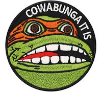 Parches ropa termoadhesivos "Tortugas Ninja" Parche de tortuga con la frase "Cowabunga it is" para coser/planchar - Parche premium para jeans de todas las telas - 80x80 mm