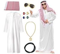 Pardofelis Disfraz de jeque para hombre, disfraz árabe, túnica blanca árabe con pañuelo para la cabeza, anillo para dedos, collares, gafas de sol, carnaval, jeque, juego para carnaval, fiesta, cosplay