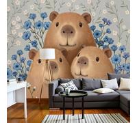 Pared 3D Seda Papel Pintado Murales Capibara Flores Azules, Papel Pintado De Fotografía De Lindo Animal Curativo, Marrón Decoración Mural De Pared Para Sala De Estar 300x210cm