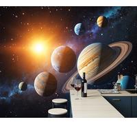Pared 3D Seda Papel Pintado Murales Sol Planetas Cielo Estrellado, Papel Pintado De Fotografía De Ciencia Ficción Espacial, Azul Profundo Decoración Mural De Pared Para Sala De Estar 400x280cm