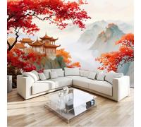 Pared Papel 3D Estilo Oriental, Murales Montañas Agua Arquitectura Hojas De Arce 300 X 210 Cm Papel Pintado No Tejido Blanco Para Dormitorio Sala Tv Fondo Decoración De Pared Decorativos Murales