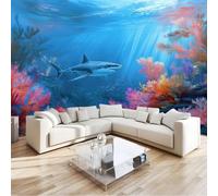 Pared Papel 3D Océano Plantas Animales, Murales Tiburones Corales 250 X 175 Cm Papel Pintado No Tejido Azul Para Dormitorio Sala Tv Fondo Decoración De Pared Decorativos Murales