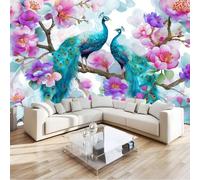 Pared Papel 3D Romántico Flores, Murales Acuarela Pavo Real 200 X 140 Cm Papel Pintado No Tejido Multicolor Para Dormitorio Sala Tv Fondo Decoración De Pared Decorativos Murales