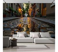 Pared Papel 3D Seda Papel Pintado Murales Vista Nocturna De La Ciudad Pavimento De Piedra En El Callejón, Dormitorio Sala Tv Fondo Decoración De Pared Decorativos Gris Oscuro, 400x280cm