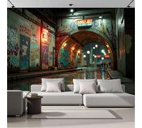 Pared Papel 3D Seda Papel Pintado Murales Vista Nocturna De La Ciudad Túnel, Superficie Del Agua, Calle, Dormitorio Sala Tv Fondo Decoración De Pared Decorativos Azul Verdoso, 400x280cm