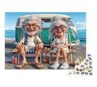 Pareja Anciana Caricatura Escena de Playa Puzzle de 1000 Piezas Puzzle para Adultos Papel Relajación Decoración Hogar Regalo Familiar 70x50cm/1000pcs