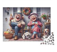 Pareja Anciana Relax Puzzle 1000 Piezas, Porche con Perro, Desafiante, Antiestrés, Ejercicio Mental para Adultos, 38x26cm